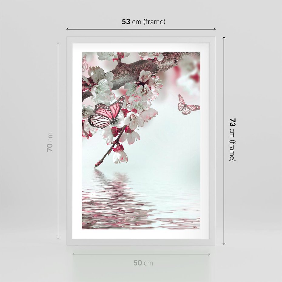Plakat w ramie 50x70 - Kwiatowa baśń z motylami - kwiaty, motyle - rama biała