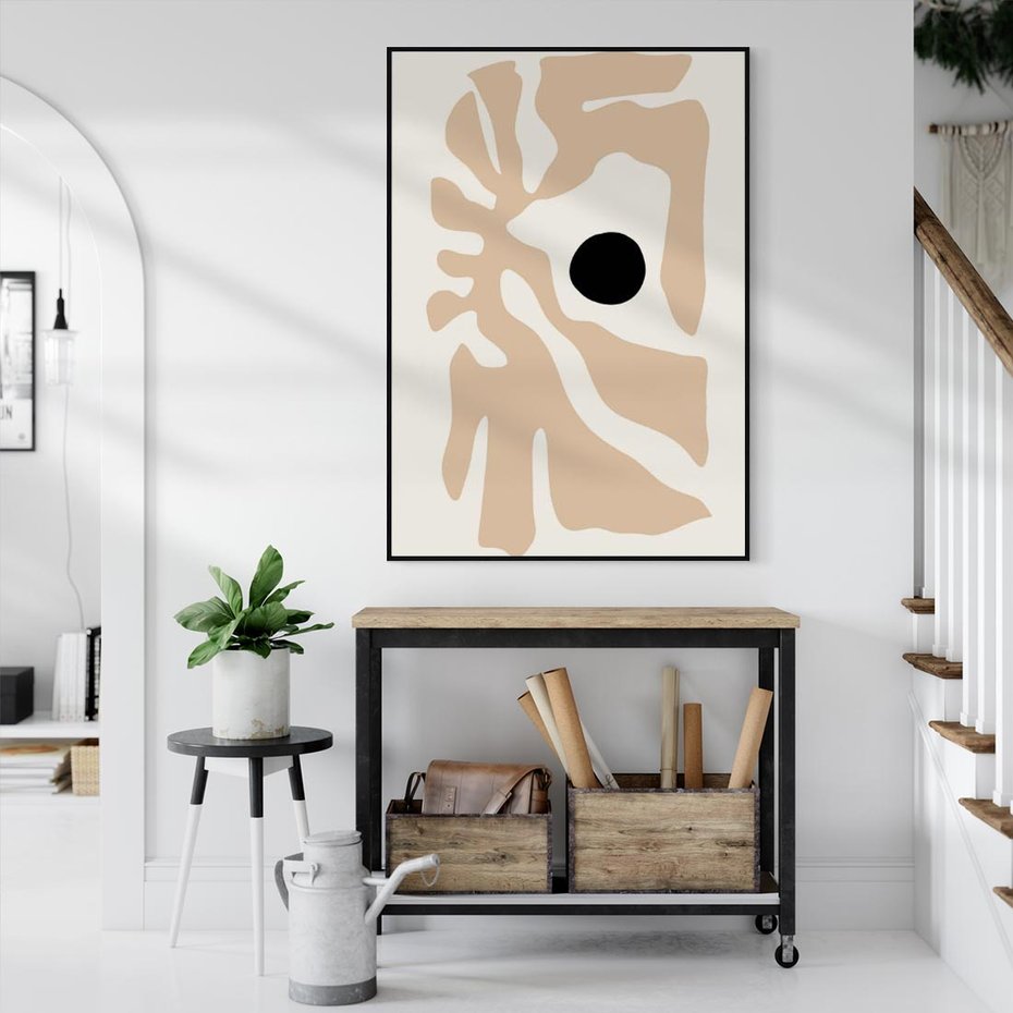 Obraz w ramie 70x100 - Eksploracja Abstrakcji - beżowa absrakcyjna kompozycja, czarny akcent - rama czarna