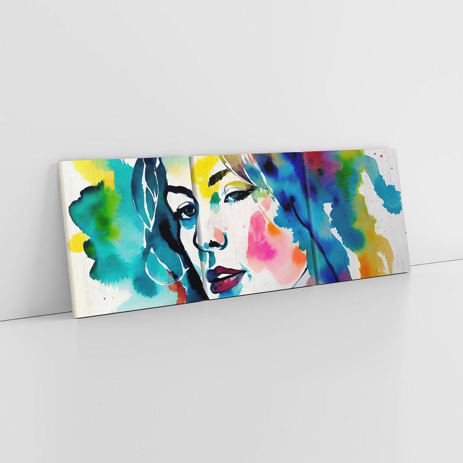 Obraz na płótnie 150x50 - Abstrakcyjna ekstaza barw - abstrakcyjny portret kobiety, szkic czarną kreską