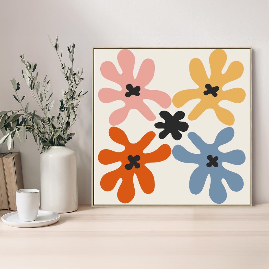 Obraz w ramie 50x50 - Taniec Akwareli - abstrakcyjne wielokolorowe kwiaty, minimalizm - rama drewno