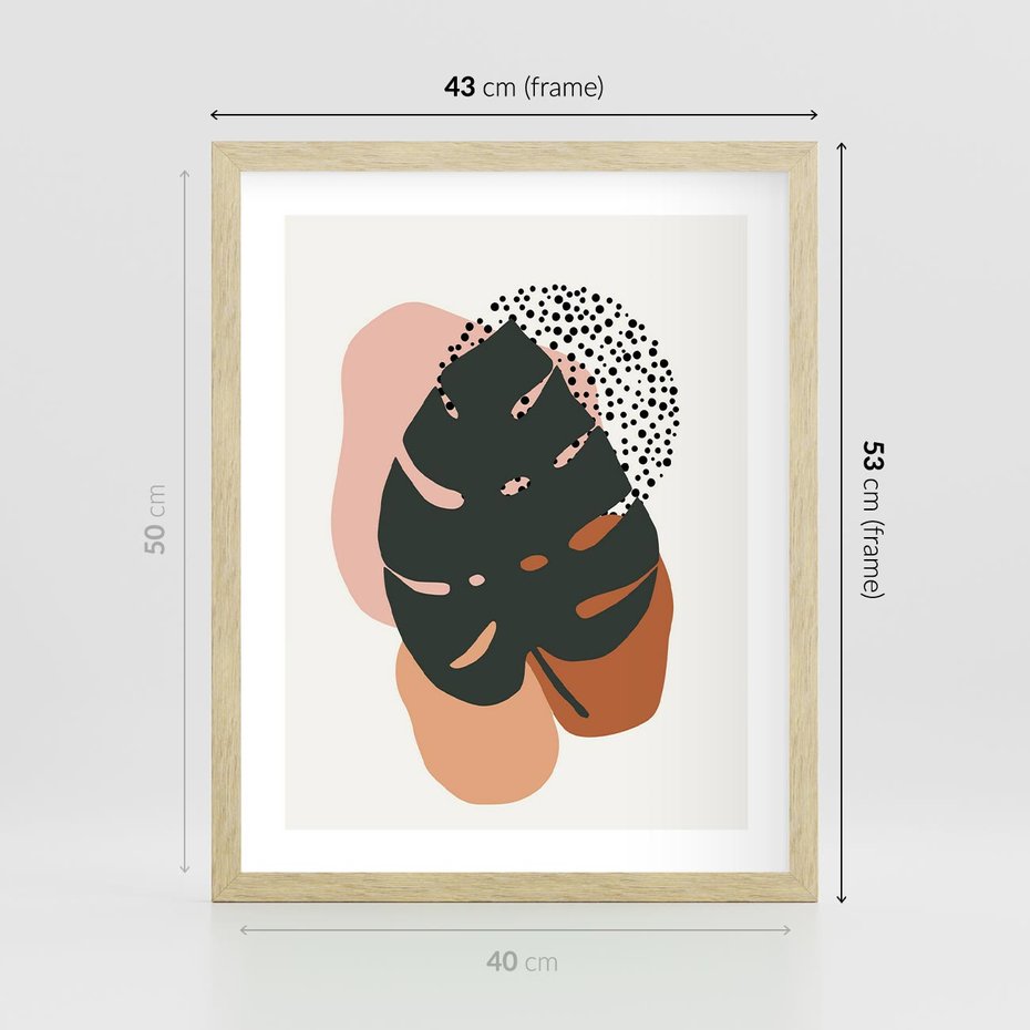 Plakat w ramie 40x50 - Minimalizm w Liściach Monstery: Plamy i Kropki - minimalizm, monstera plamy - rama drewno