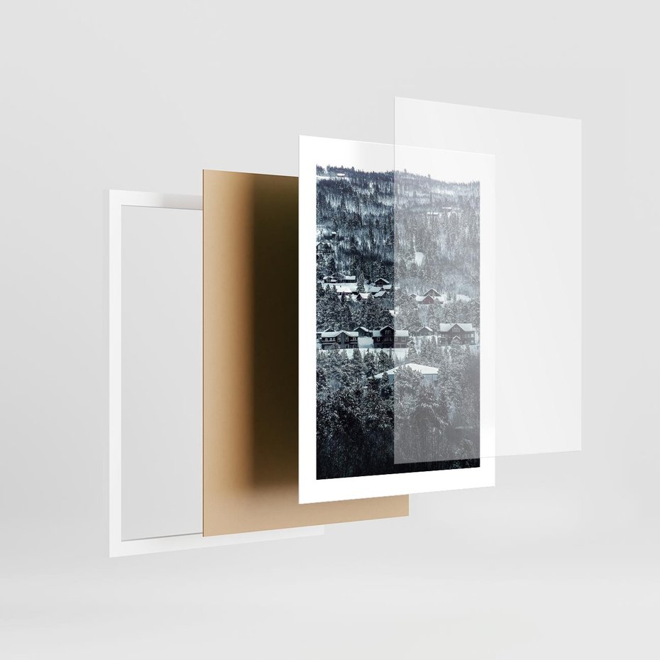 Plakat w ramie 30x40 - Domki w Chmurach - górski zimowy krajobraz, dommki na wzgórzach - rama biała