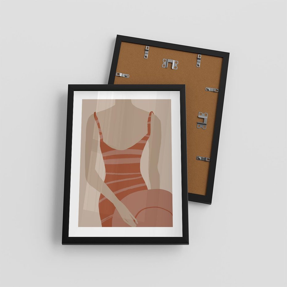 Plakat w ramie 30x40 - Kobiece Retro - minimalistyczny boho plakat, retro kobieta w stroju kąpielowym - rama czarna