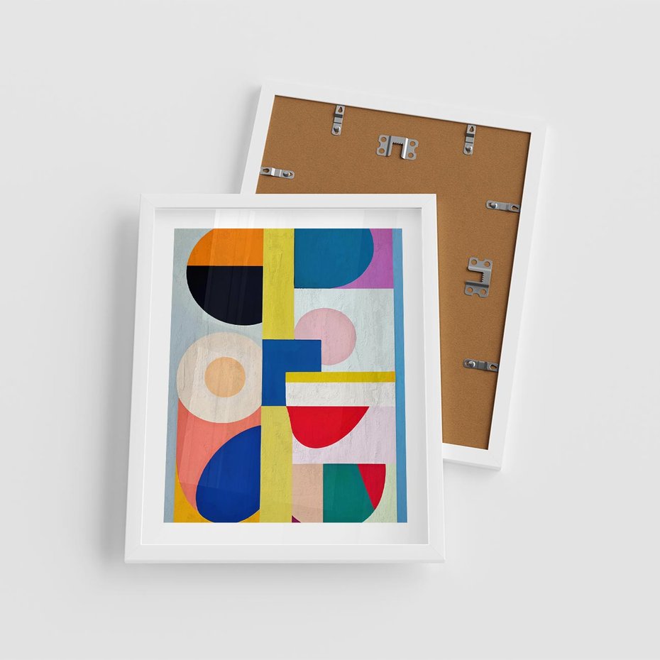 Plakat w ramie 40x50 - Harmonia Kolorowych Impulsów - abstrakcyjne geometryczne kształty, olejny obraz - rama biała