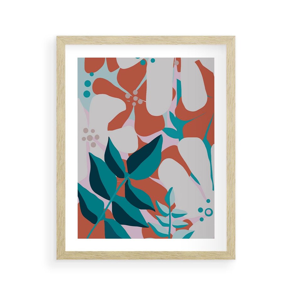 Plakat w ramie 40x50 - Harmonijne Formy - abstrakcyjna kompozycja kwiatowych form, kolor zgaszone - rama drewno