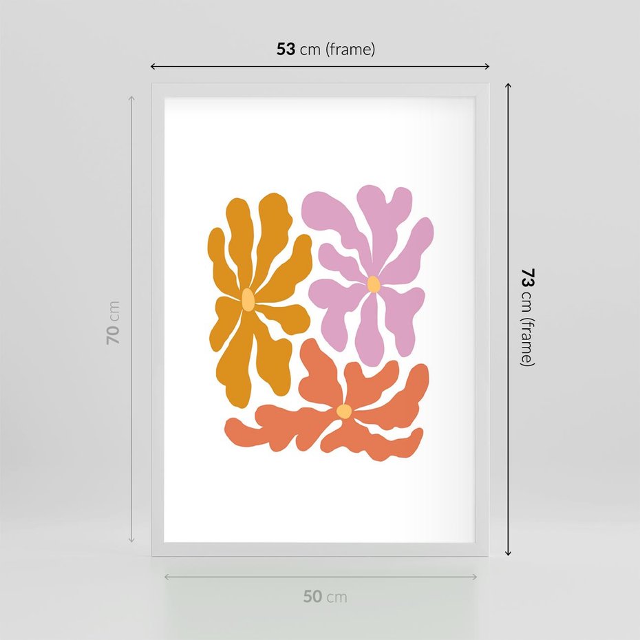 Plakat w ramie 50x70 - Rozbijające Refleksje - abstrakcyjne kolorowe kwiaty, minimlizm - rama biała