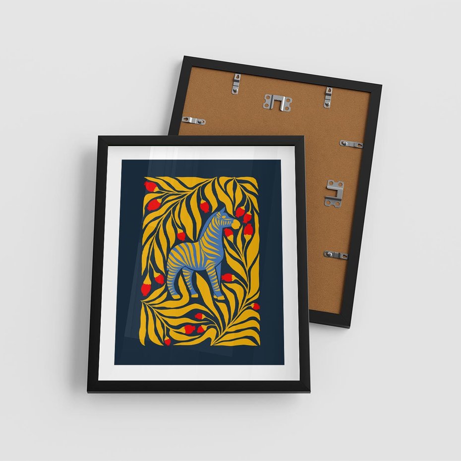 Plakat w ramie 40x50 - Wibracje Wyobraźni - zebra, granatowe tłó - rama czarna