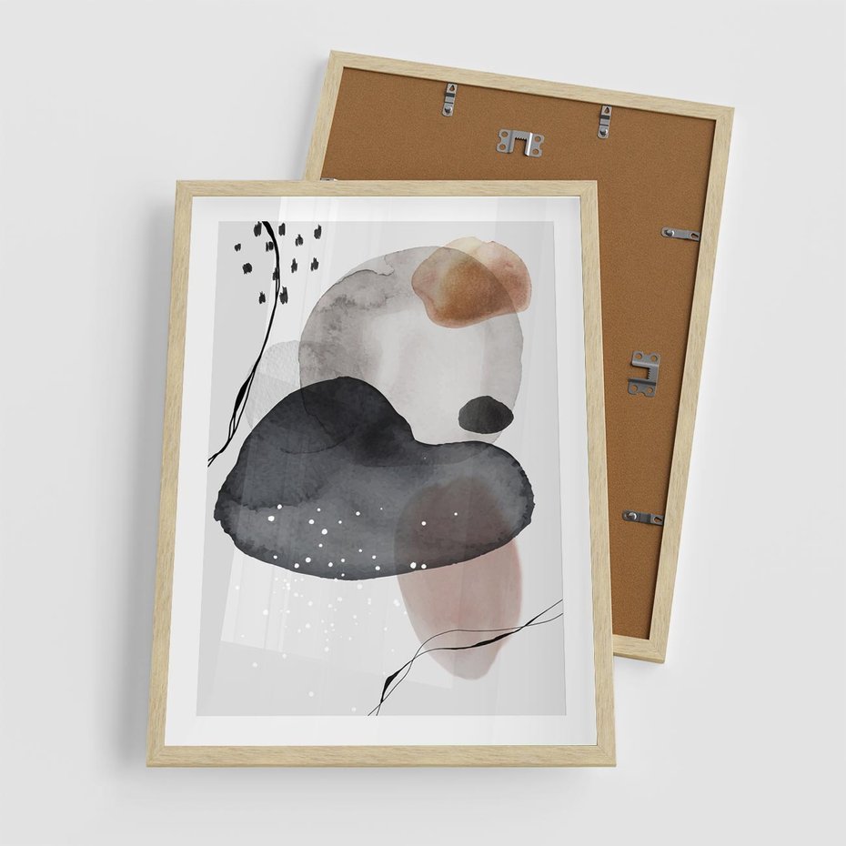 Plakat w ramie 50x70 - Impresje Harmonii - abstrakcyjne plamy akwarelowe, czarny szkic - rama drewno