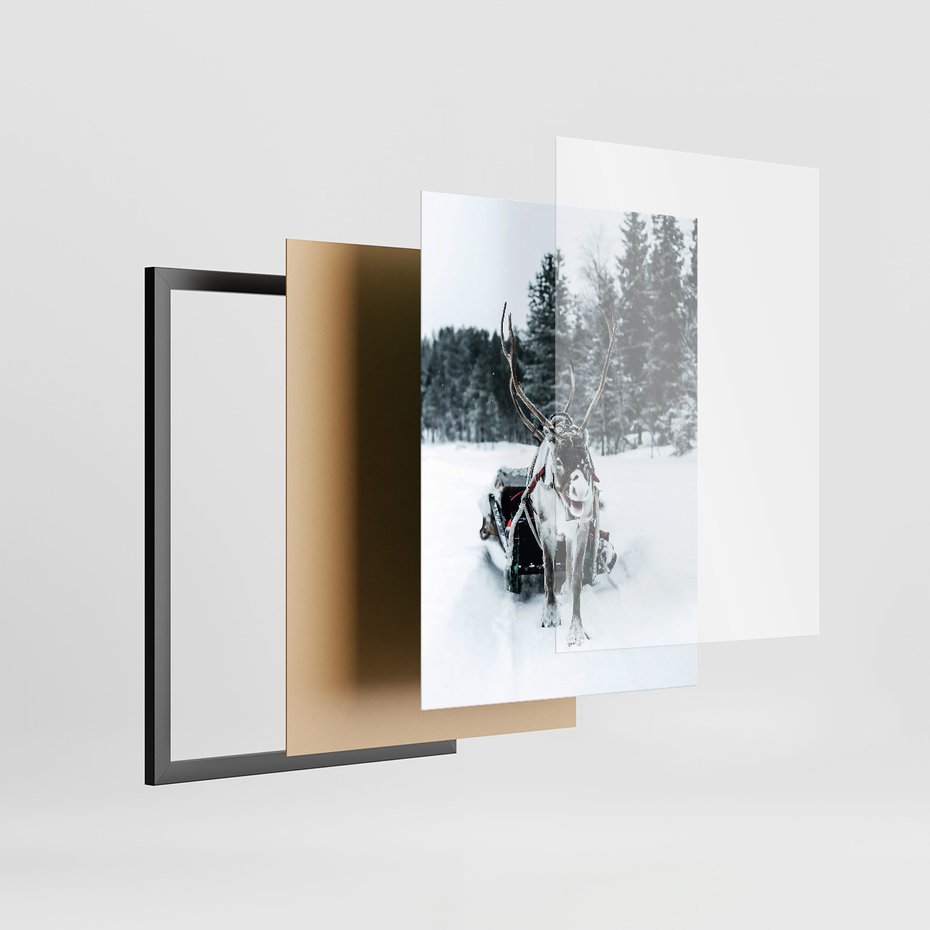 Zestaw obrazy w ramie 30x40 galeria - Zima, las, renifer, krajobraz - rama czarna