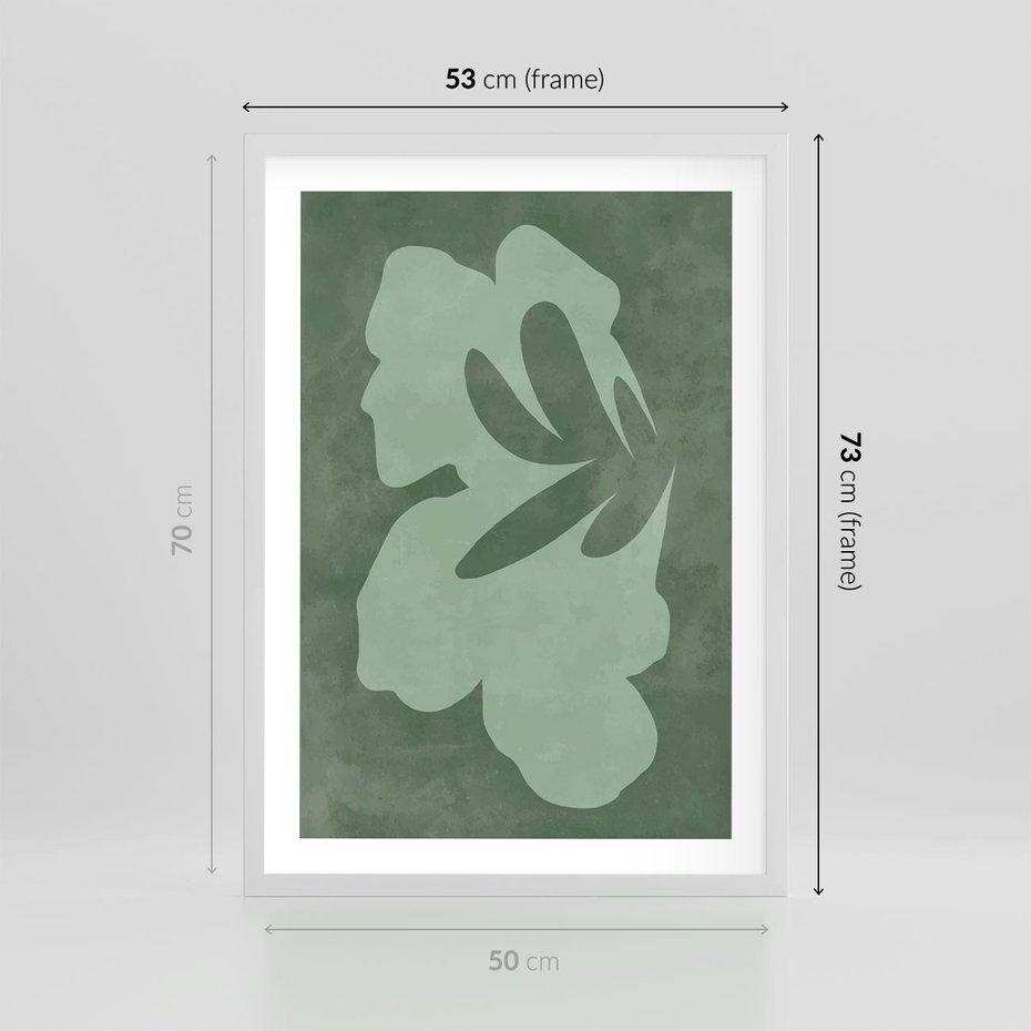 Plakat w ramie 50x70 - Kształty Zieleni - abstrakcyjny kształt, zielony plakat - rama biała