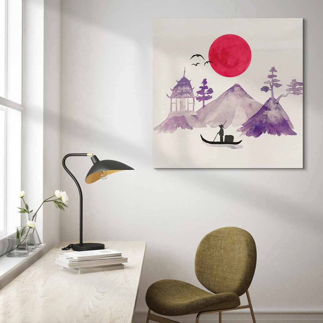 Obraz na płótnie 70x70 - Odbicie Słońca - japońska sztuka, akwarela