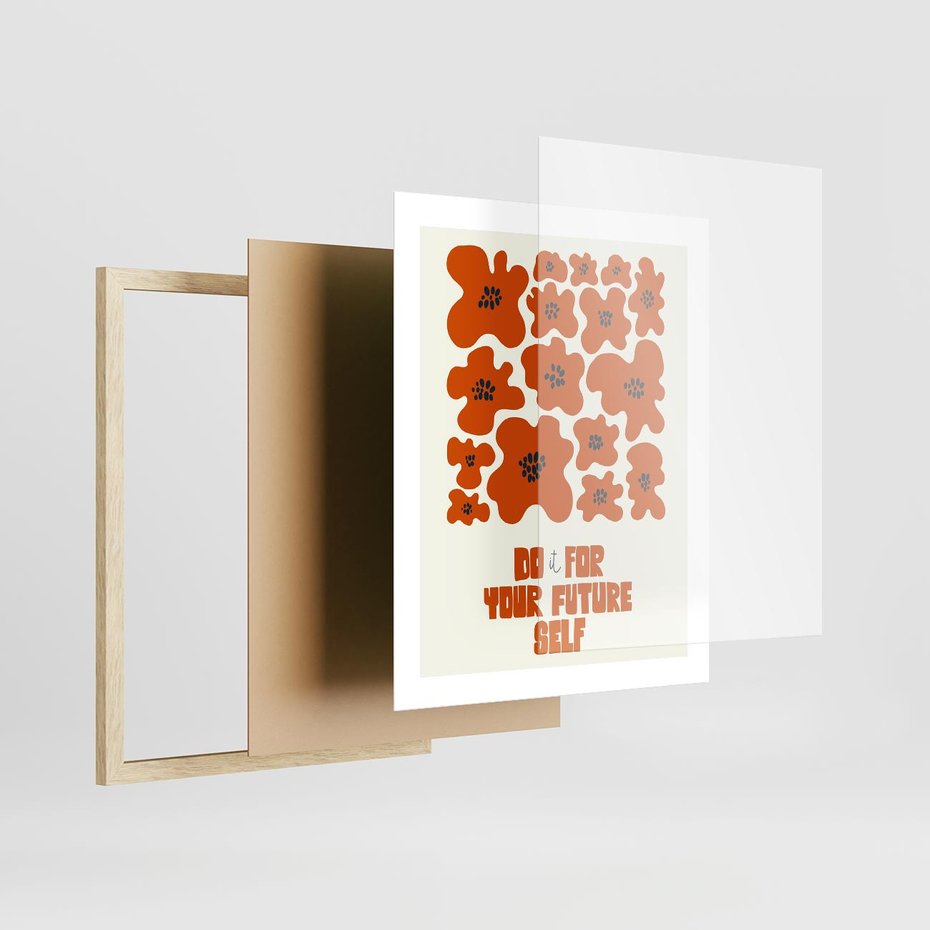 Plakat w ramie 40x50 - Taniec Kolorowych Promieni - self care, kompozycja kwiaty - rama drewno