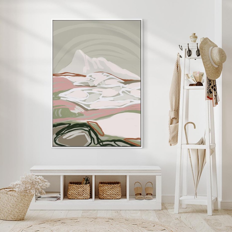 Obraz w ramie 80x120 - Szarawe Wzgórza - pastelowy krajobraz, nowoczesny plakat - rama biała