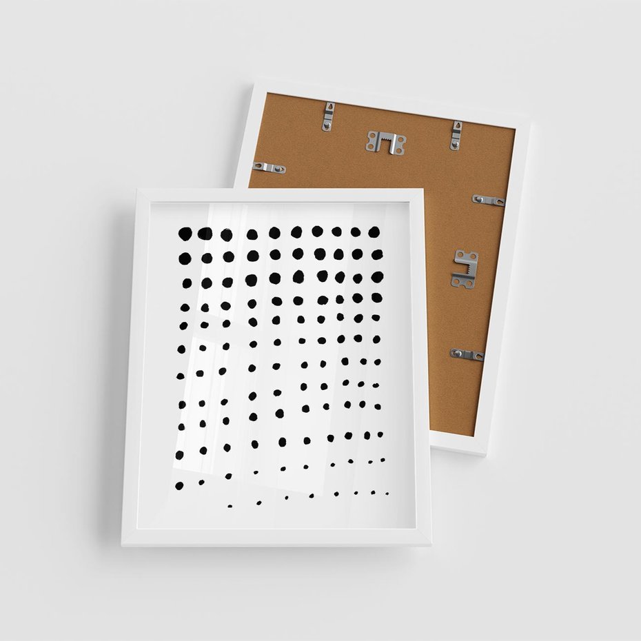 Plakat w ramie 40x50 - Abstrakcyjna Transformacja - abstrakcyjna kompozycja z czarnych kropek, minimalistyczny czarno bialy plakat - rama biała