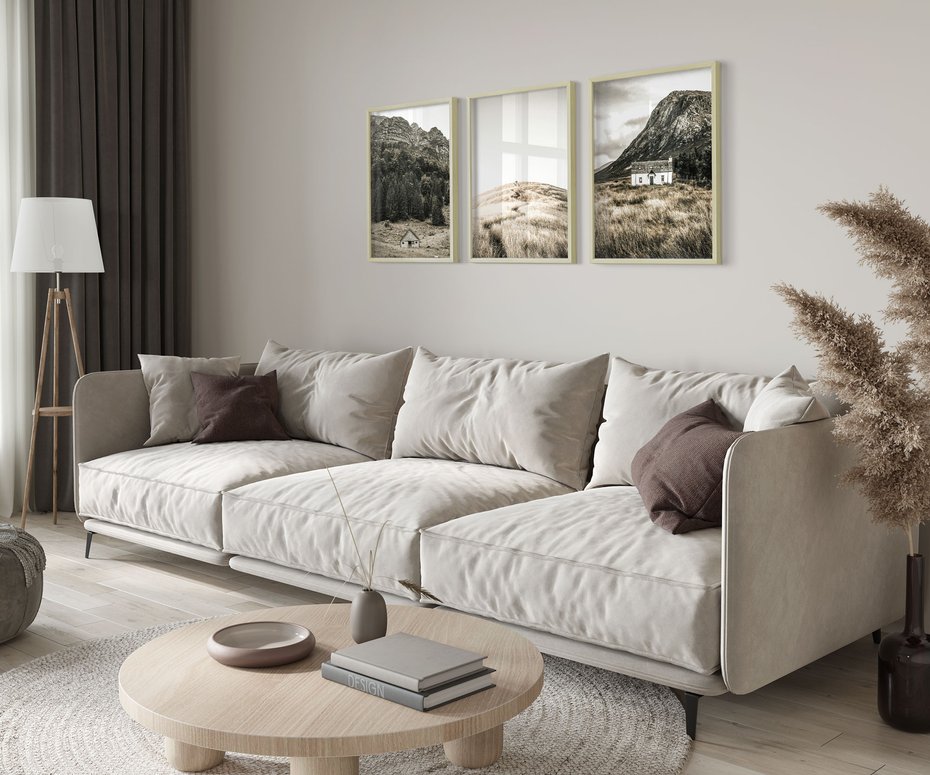 Zestaw obrazy w ramie 50x70 galeria - Górskie, domki, łąki, sepia - rama drewno