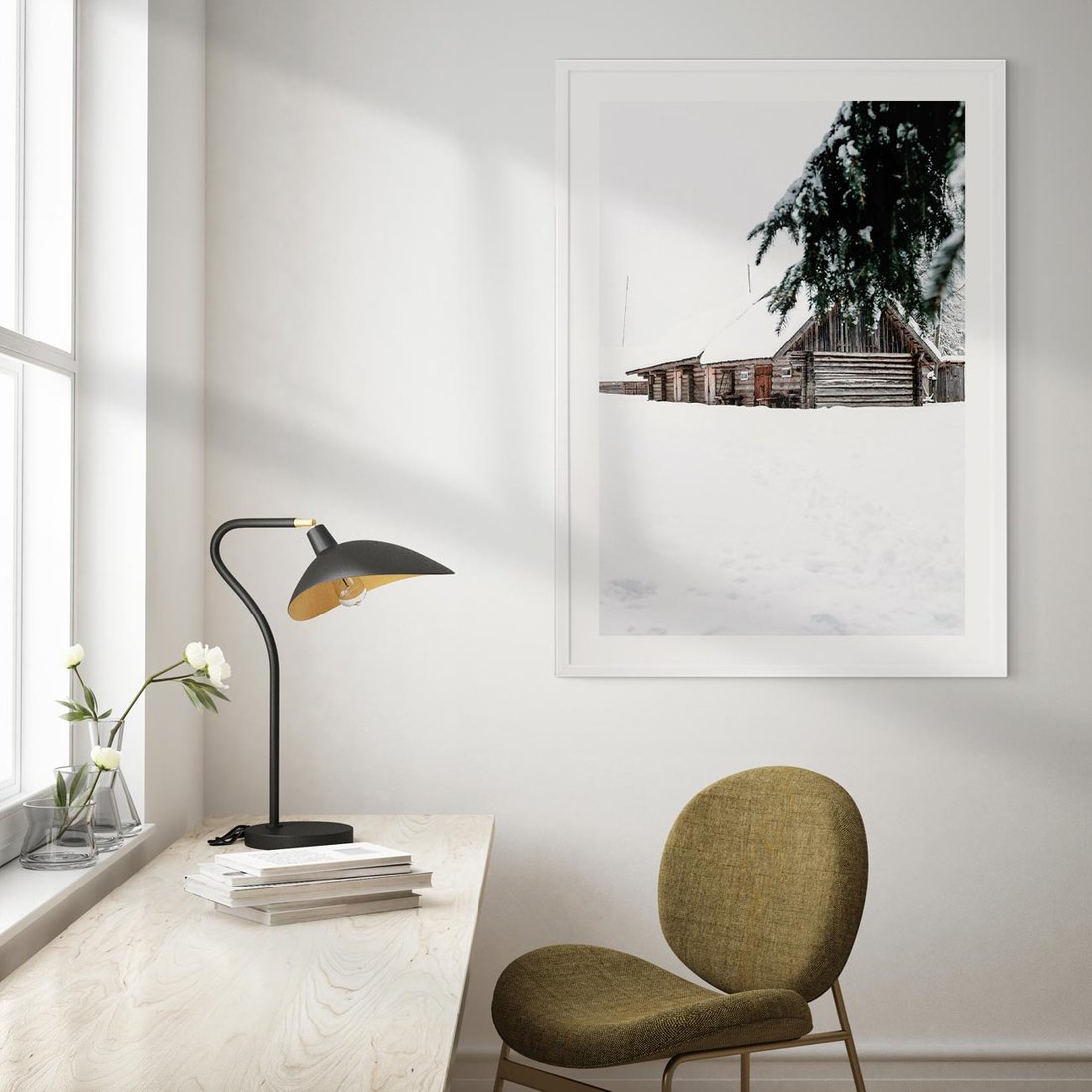 Plakat bez ramy 40x50 - Zimowy Azyl - domek w górach, śnieg