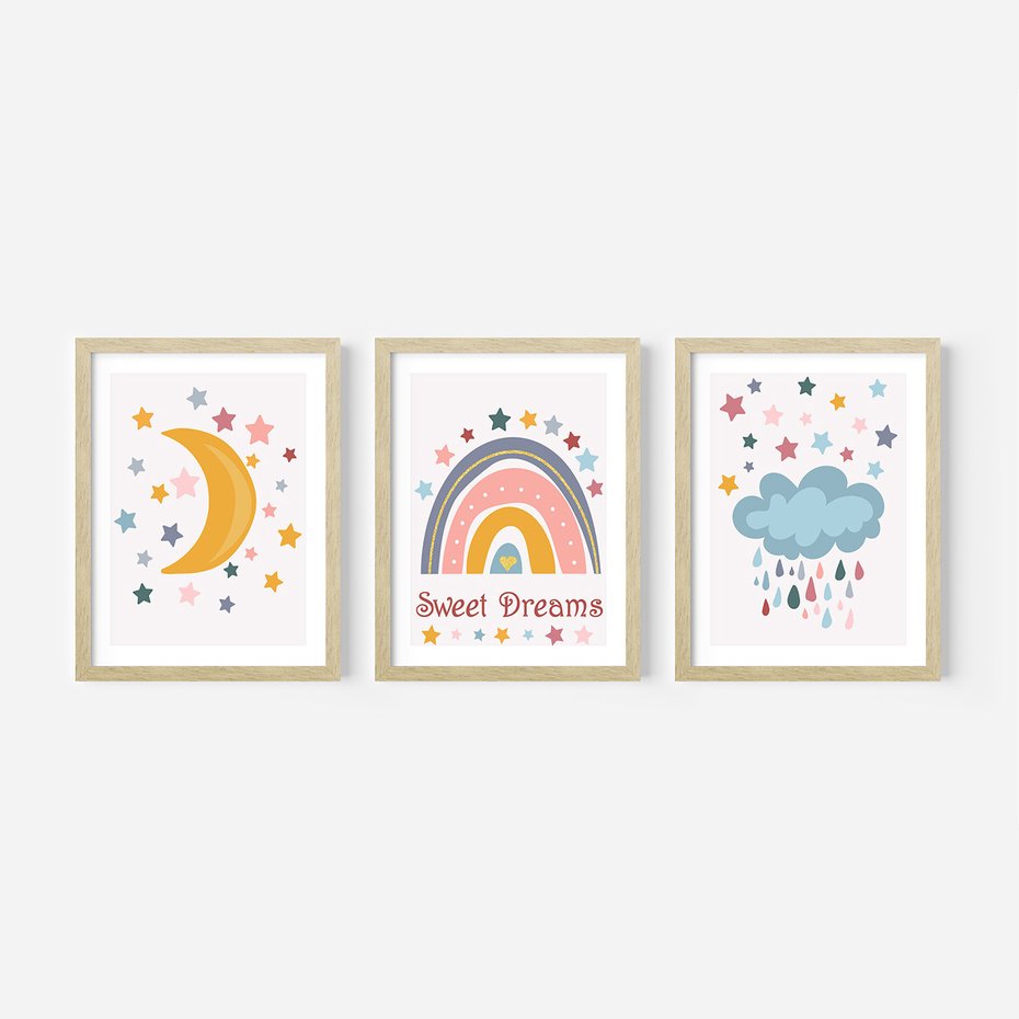 Zestaw obrazy w ramie 40x50 galeria - Plakaty, dla, dzieci, tęcza - rama drewno