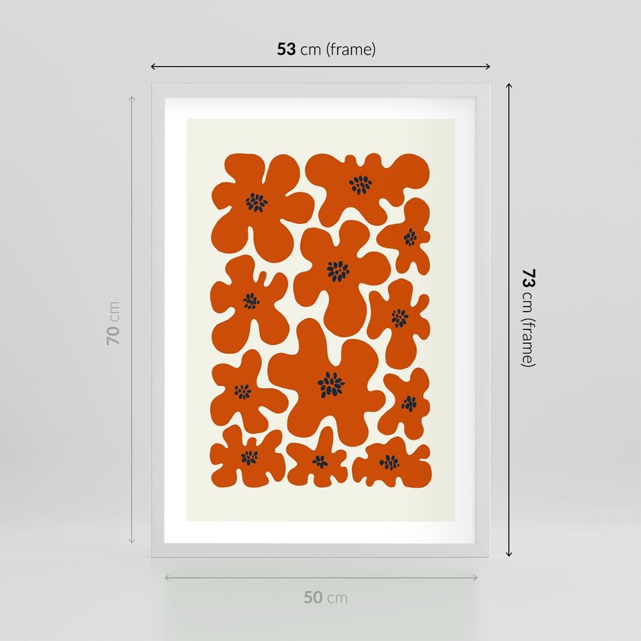 Plakat w ramie 50x70 - Wibracje Przestrzeni - abstrakcyjne czerwone kwiaty, kompozycja - rama biała