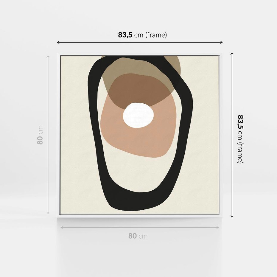 Obraz w ramie 80x80 - Intrygujące Zaskoczenia - beżowa abstrakcyjna kompozycja, czarny akcent - rama biała