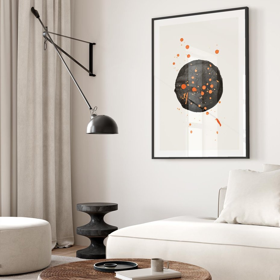 Plakat bez ramy 40x50 - Impulsy Kreatywności - abstrakcyjna czarna plama, rozsiane pomarańczowe kropki