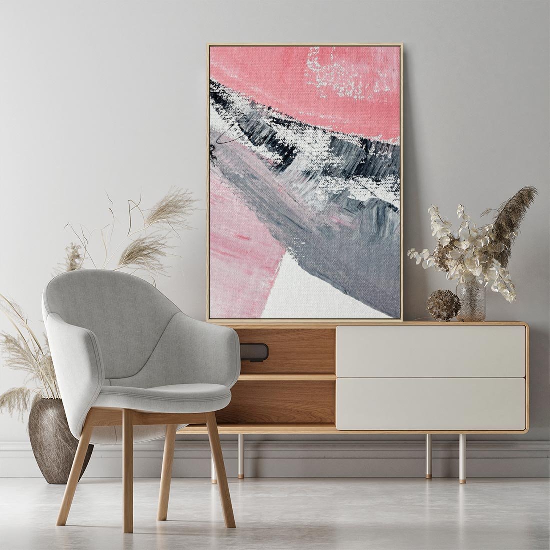 Obraz w ramie 70x100 - Kontrastujący Ruch Emocji - abstrakcyjne pasy farby, kolory róż szary czarny - rama drewno