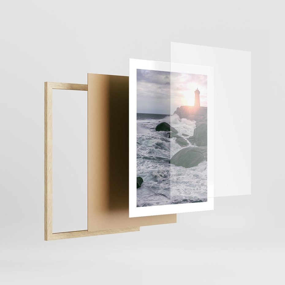 Plakat w ramie 30x40 - Latarnia, Zachód Słońca i Fale - latarnia na klifie, zachód słońca - rama drewno