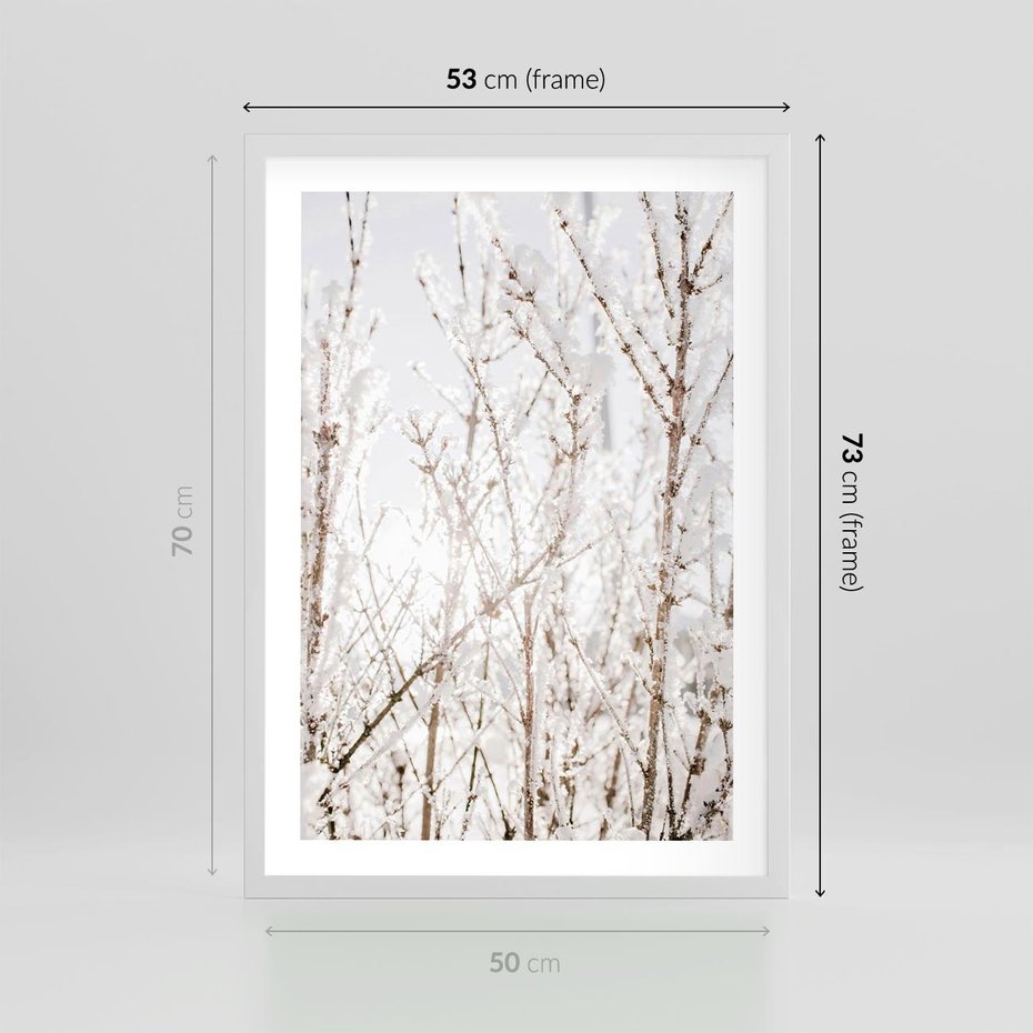 Plakat w ramie 50x70 - Szron na Gałęziach - ośnieżone gałązki, szron na gałęziach - rama biała