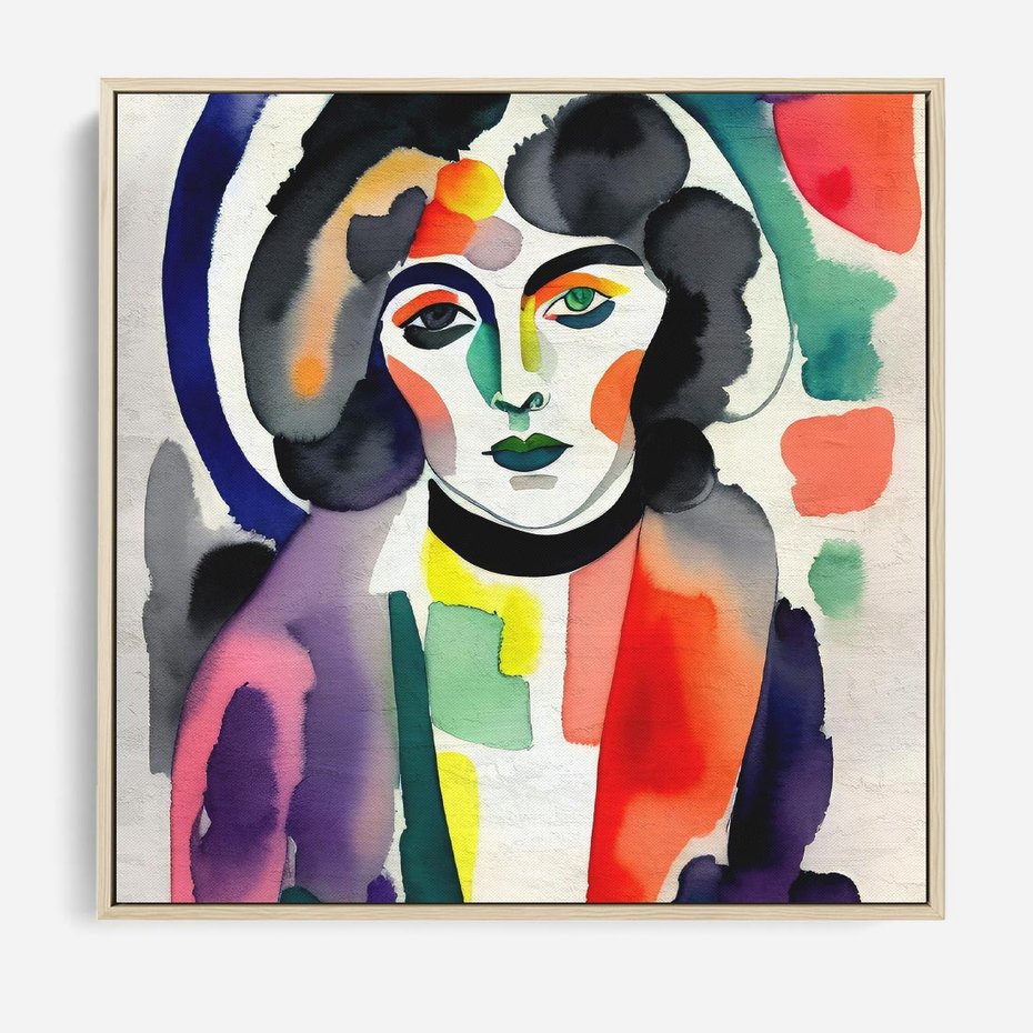 Obraz w ramie 80x80 - Subtelne Akwarelowe Ulotności - abstrakcyjny akwarelowy portret kobiety, rozmyte farby - rama drewno