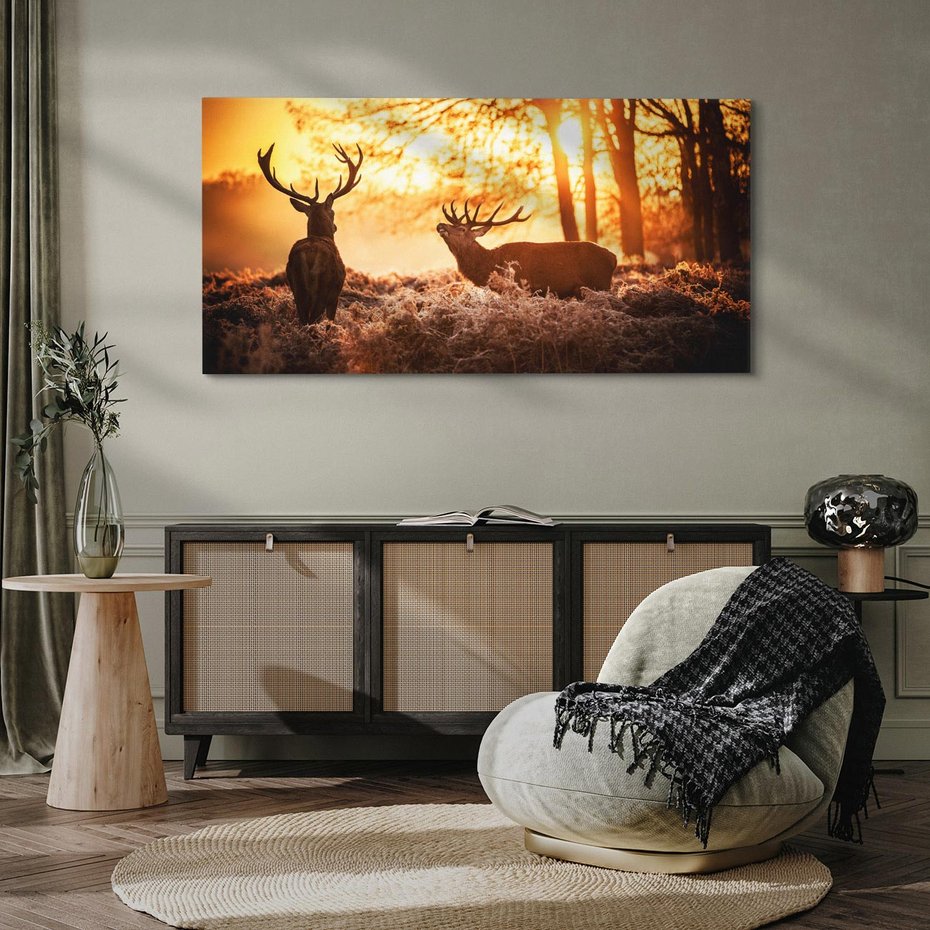 Obraz na płótnie 120x60 - Jeleń w lesie: Spotkanie w dziczy - jeleń, jelenie