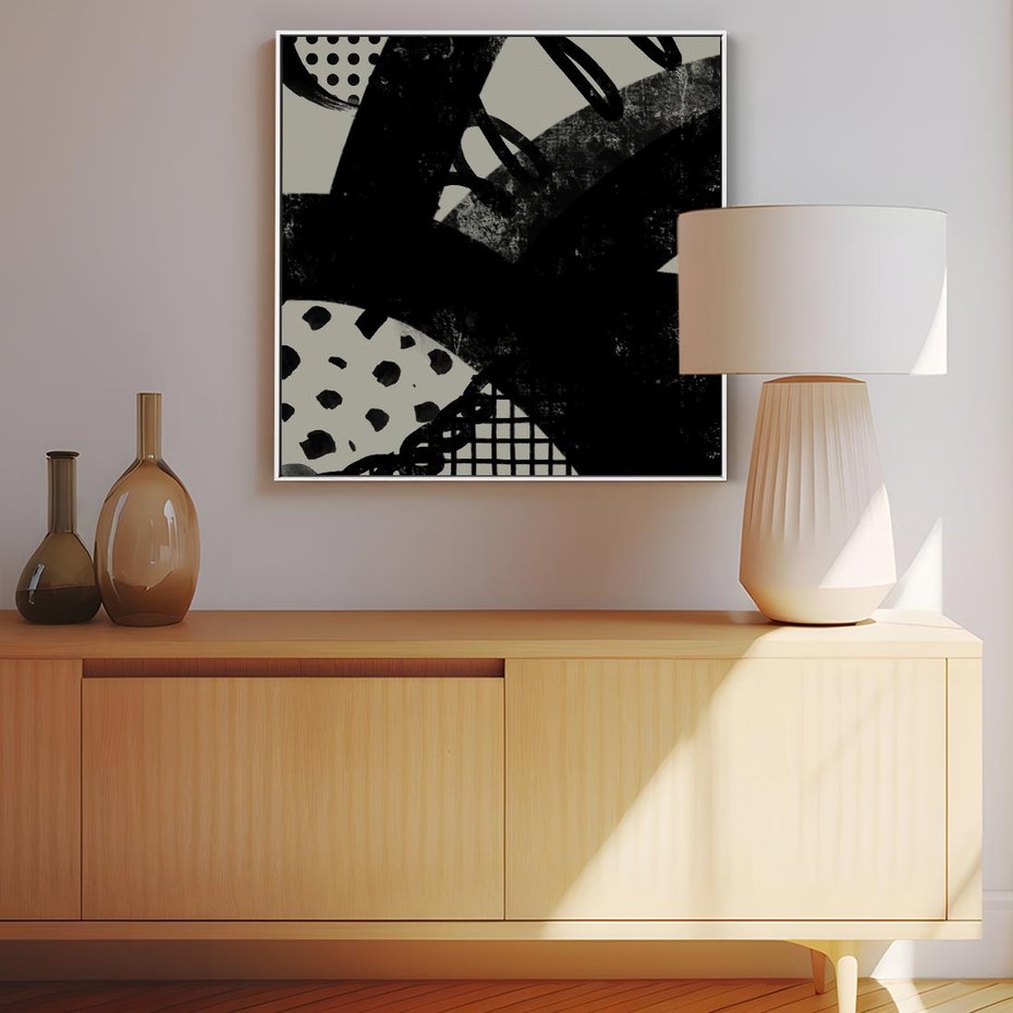 Obraz w ramie 80x80 - Nieznanie Zaskoczenia - bstrakcyjna mroczna kompozycja, nieregularne - rama biała