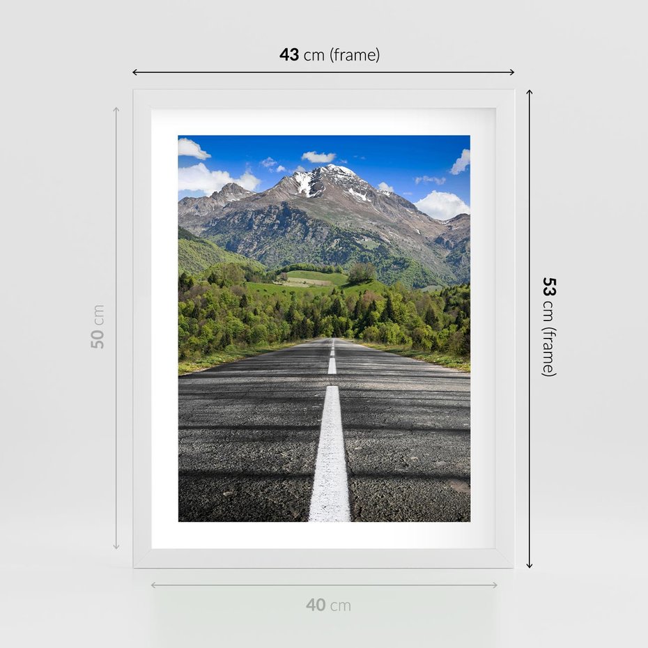 Plakat w ramie 40x50 - Droga przez góry: podróż do przygody - droga, góry - rama biała