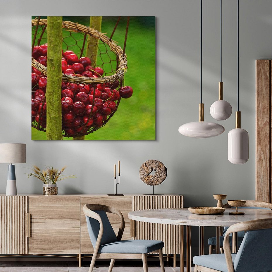 Obraz na płótnie 40x40 - Czereśnie w Koszyku Owocowy Skarb - czereśnie, koszyk