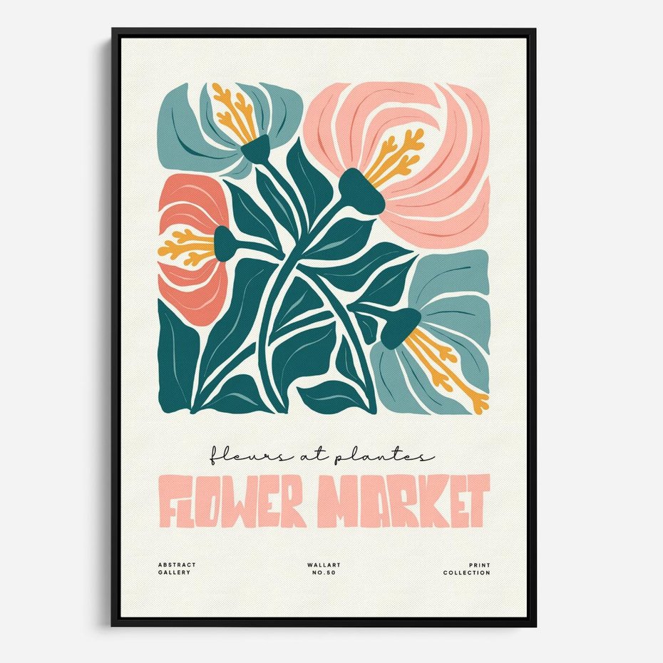 Obraz w ramie 70x100 - Taniec Kształtów - kwiaty, abstrakcyjna kompozycja - rama czarna