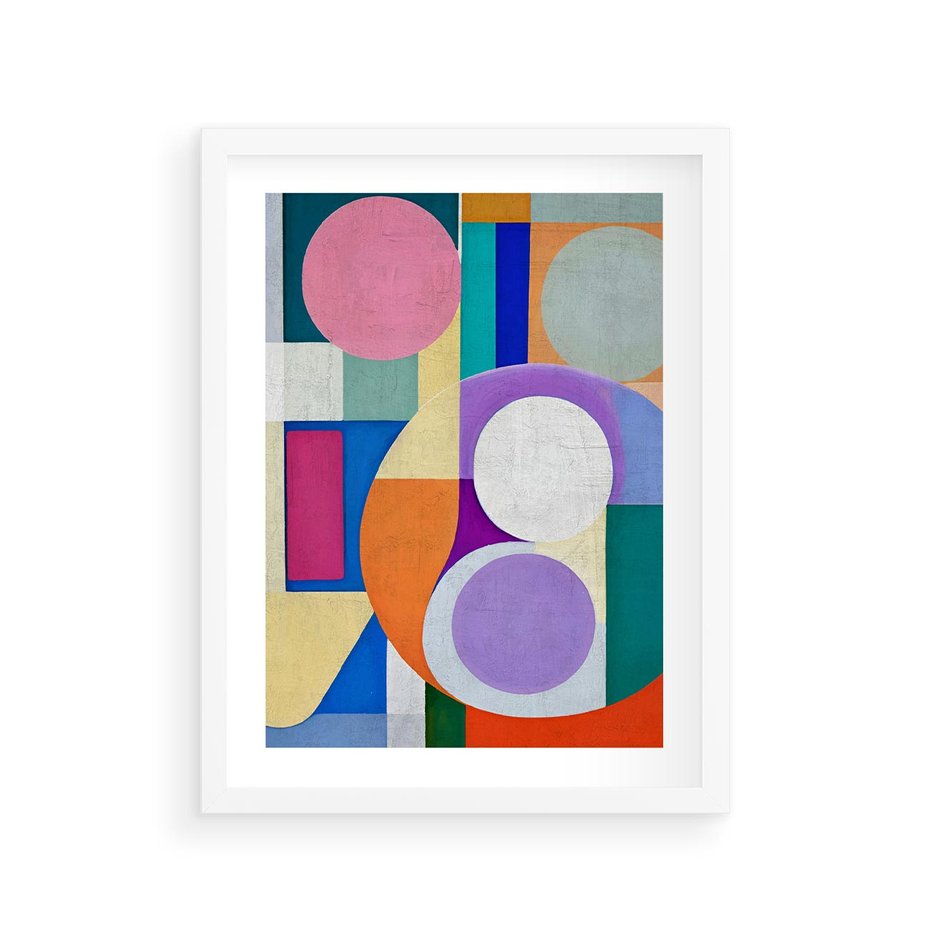 Plakat w ramie 30x40 - Migotliwe Impulsy Dźwięku - różne geometryczne formy, koła - rama biała