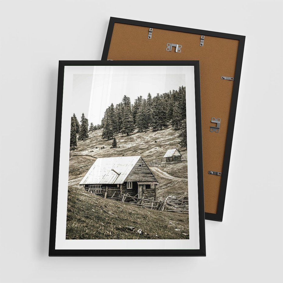 Plakat w ramie 50x70 - Ustronne Chatki w Górach - rustykalne domki w górach, sepia - rama czarna