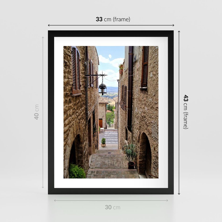 Plakat w ramie 30x40 - Perspektywa malowniczej uliczki - uliczka, perspektywa - rama czarna