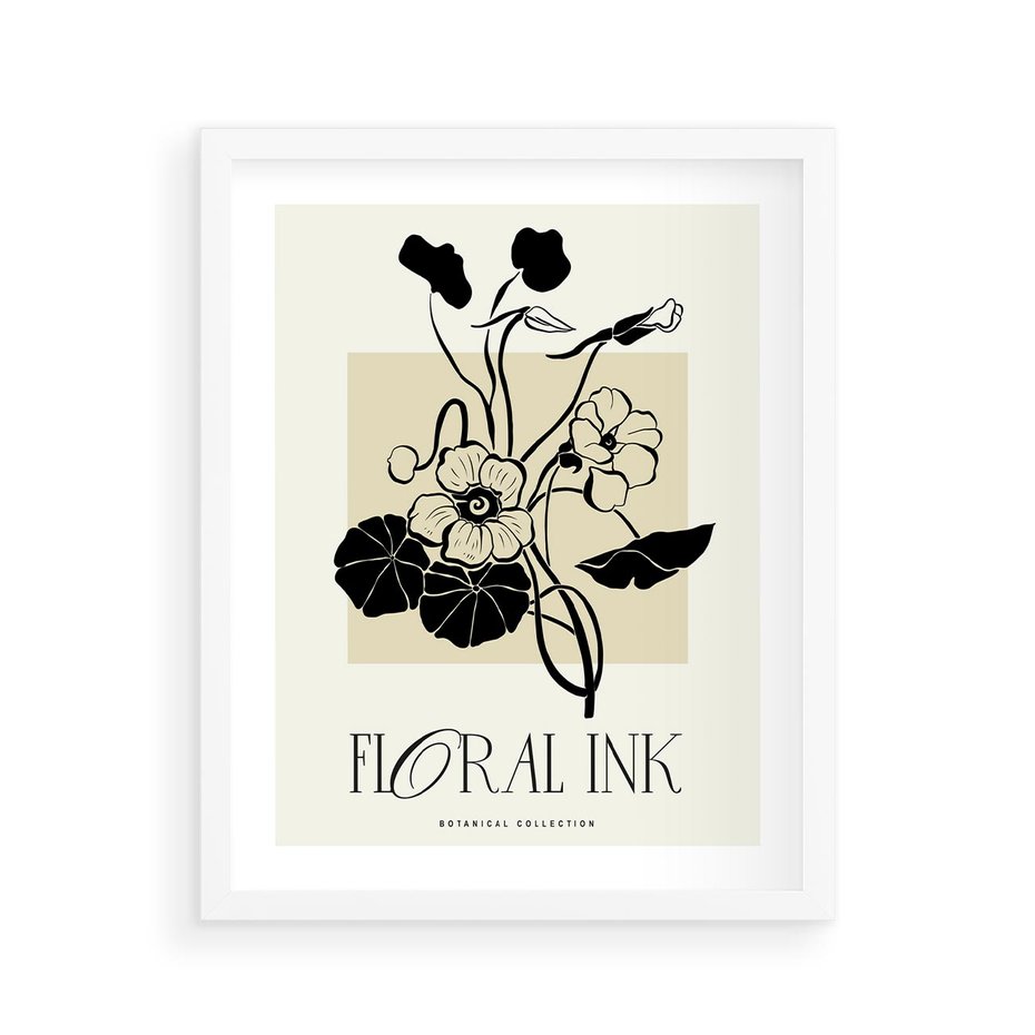 Plakat w ramie 40x50 - Podróż linii kwiatowego czasu - kwiaty, typografia - rama biała