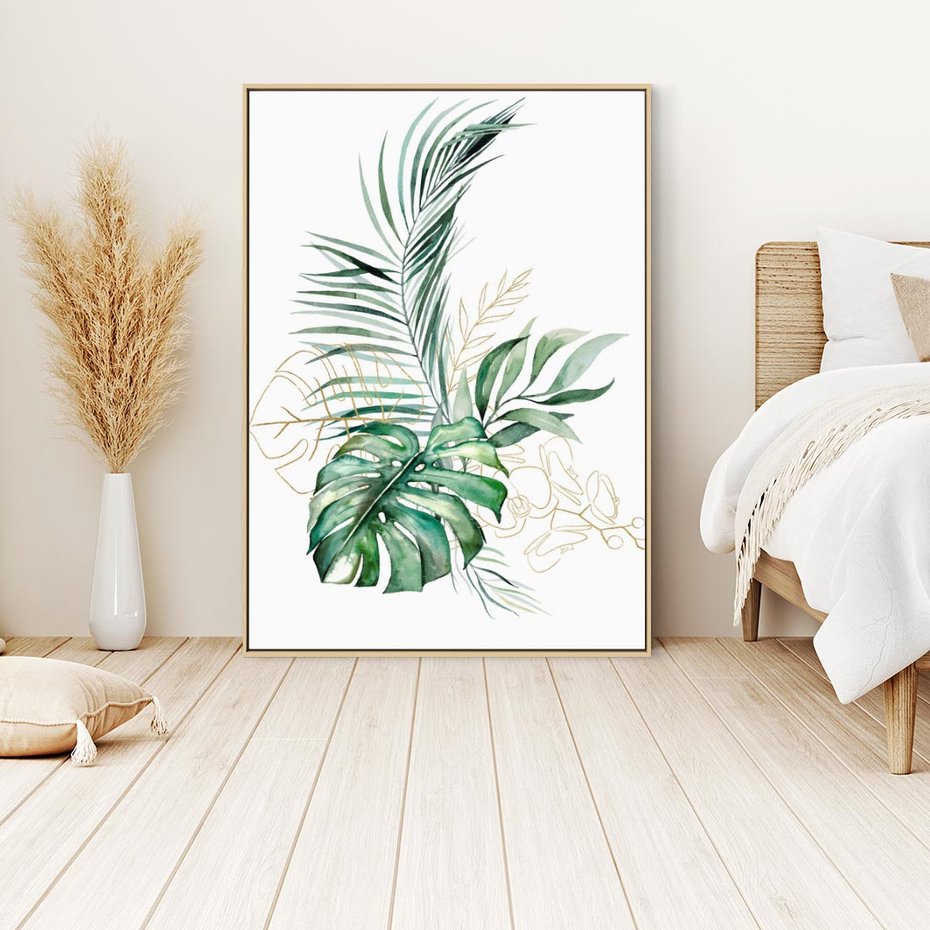 Obraz w ramie 80x120 - Luksus w Detalu - złote, liście - rama drewno