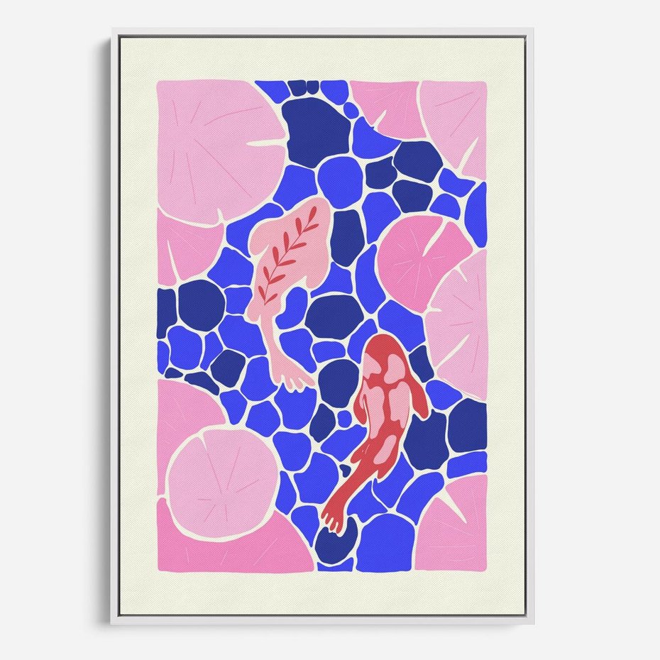 Obraz w ramie 70x100 - Rzeka Abstrakcji - abstrakcyjna kompozycja, różowe ryby wśród rafy - rama biała