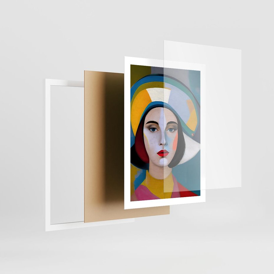 Plakat w ramie 50x70 - Kształtujące Widzenia - abstrakcyjny obraz olejny, portret twarzy kobiety - rama biała