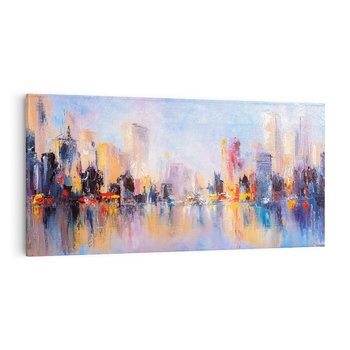 Obraz na płótnie 140x70 - Miasto Refleksji - olejna panorama miasta w oddali, wiezowce odbijają się w rzece