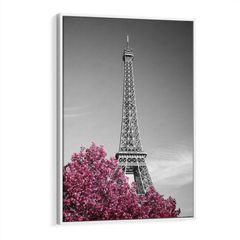 Obraz w ramie 70x100 - Różowy Paryż - czarno białe zdjęcie, wieża eiffla - rama biała