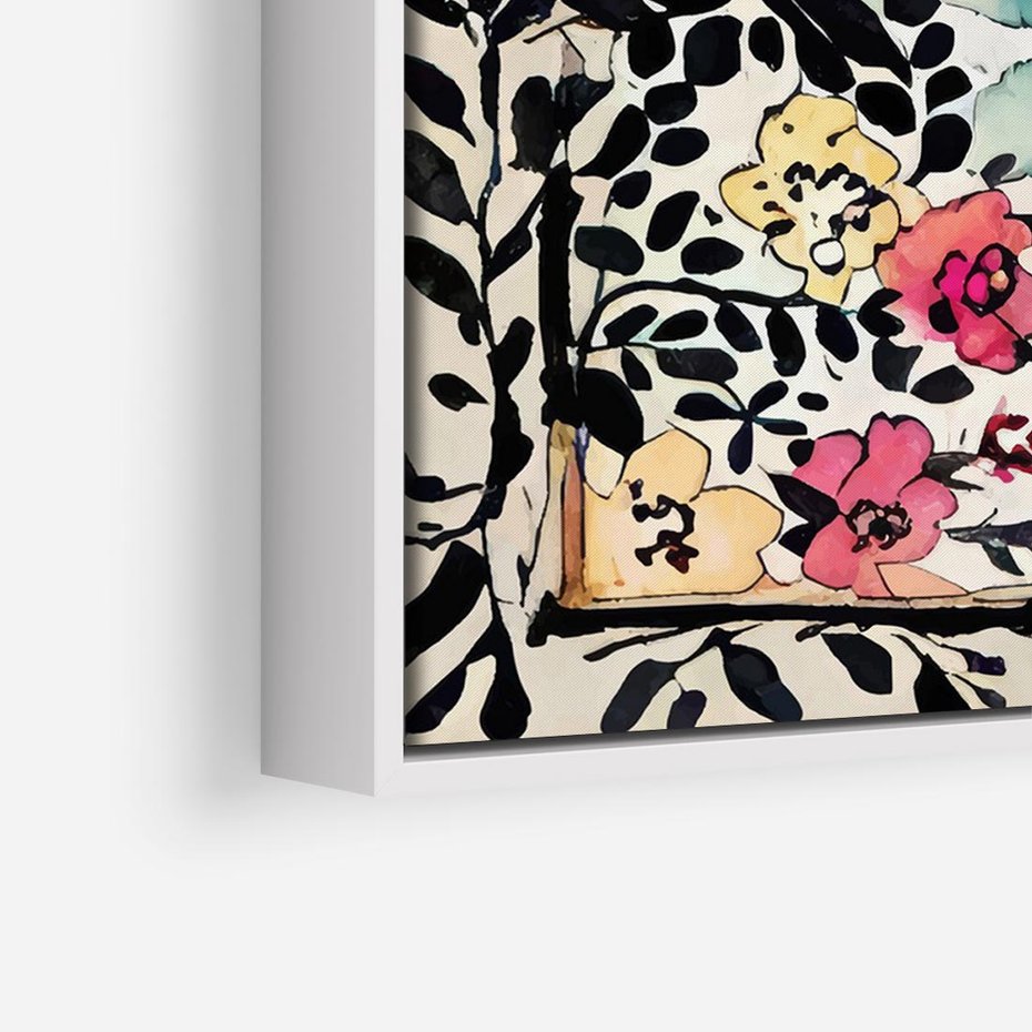 Obraz w ramie 100x70 - Opowieść w kroplach farb - akwarelowe kwiaty, mocna ornamentowa czarna ramka namalowana dookoła obrazu - rama biała