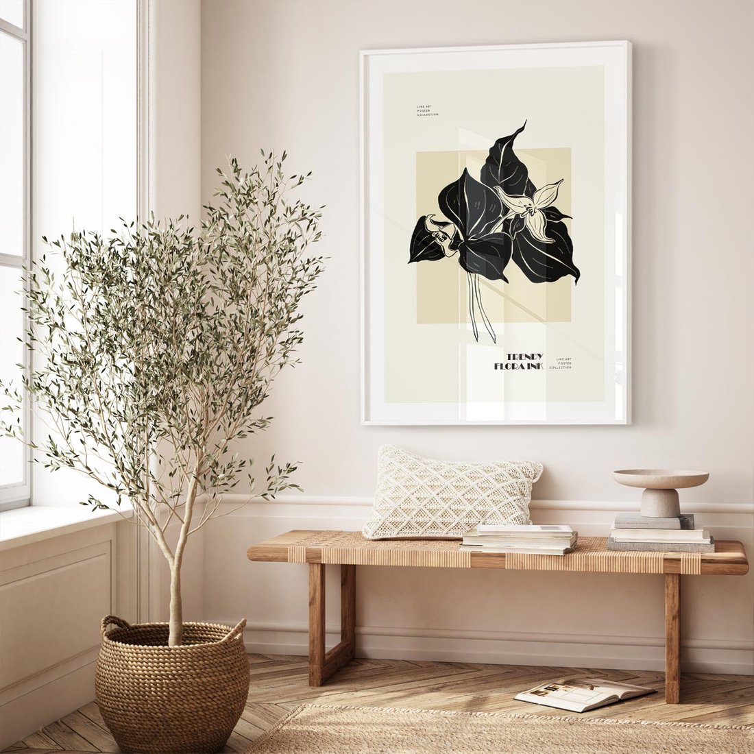 Plakat w ramie 50x70 - Ekspresja w szkicowanych kształtach - kwiaty, typografia - rama biała