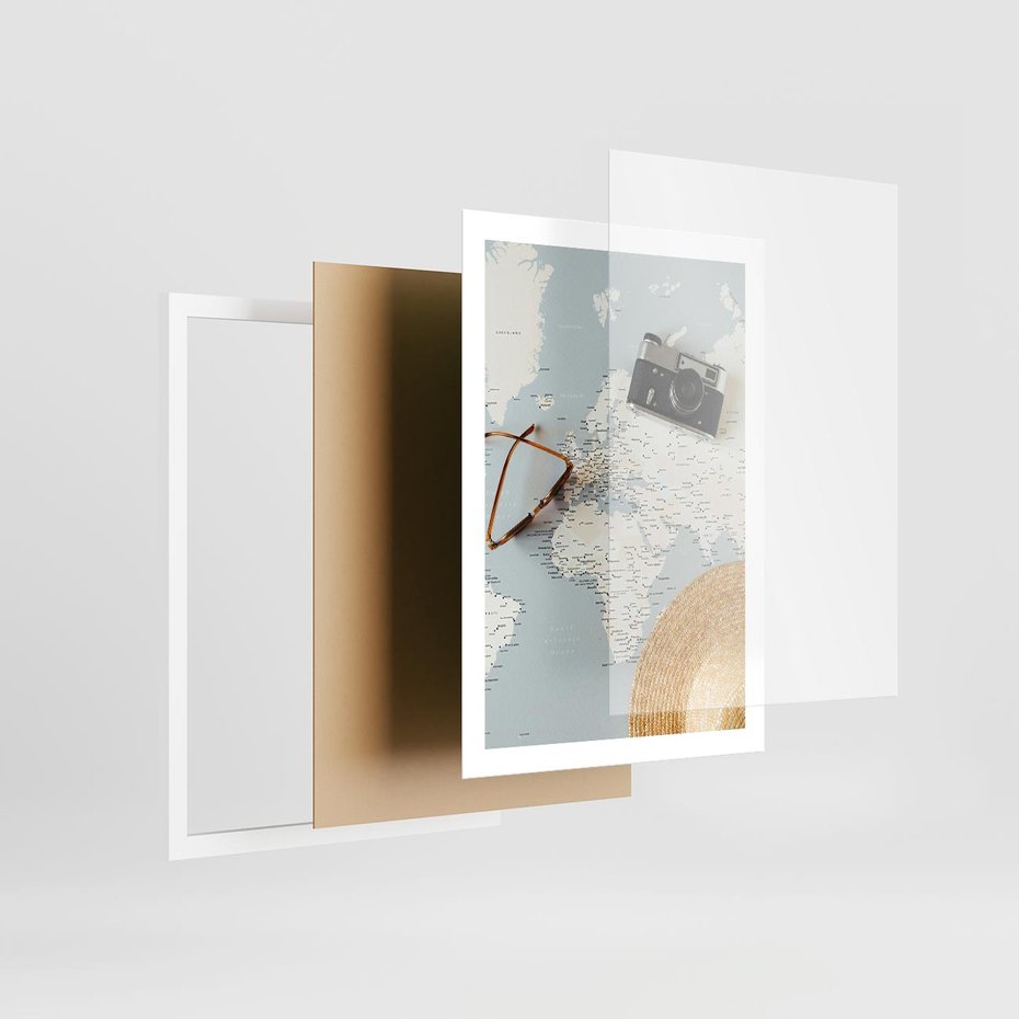 Plakat w ramie 50x70 - Świat w Kadrze - mapa, aparat - rama biała