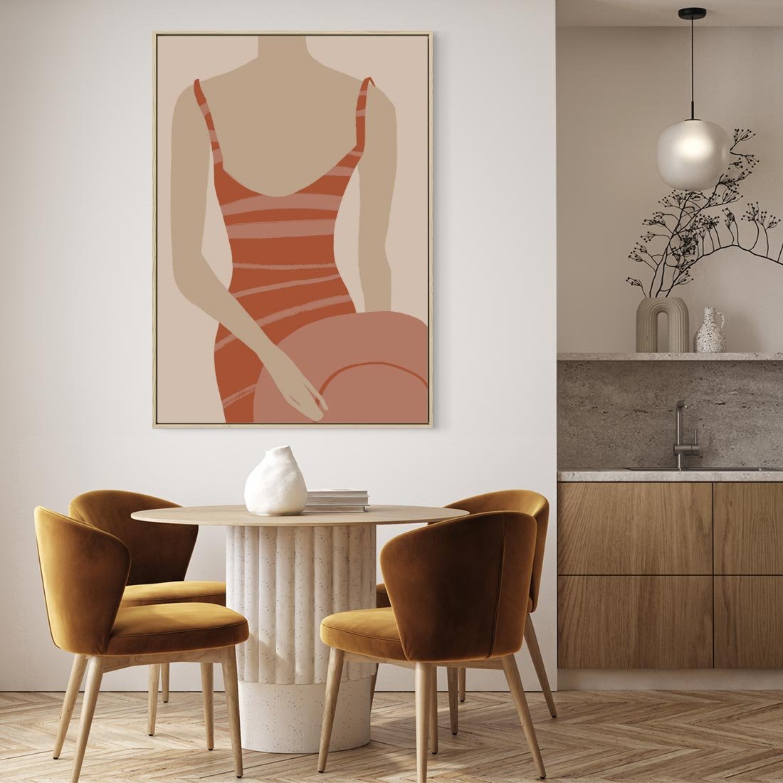 Obraz w ramie 80x120 - Kobiece Retro - minimalistyczny boho plakat, retro kobieta w stroju kąpielowym - rama drewno