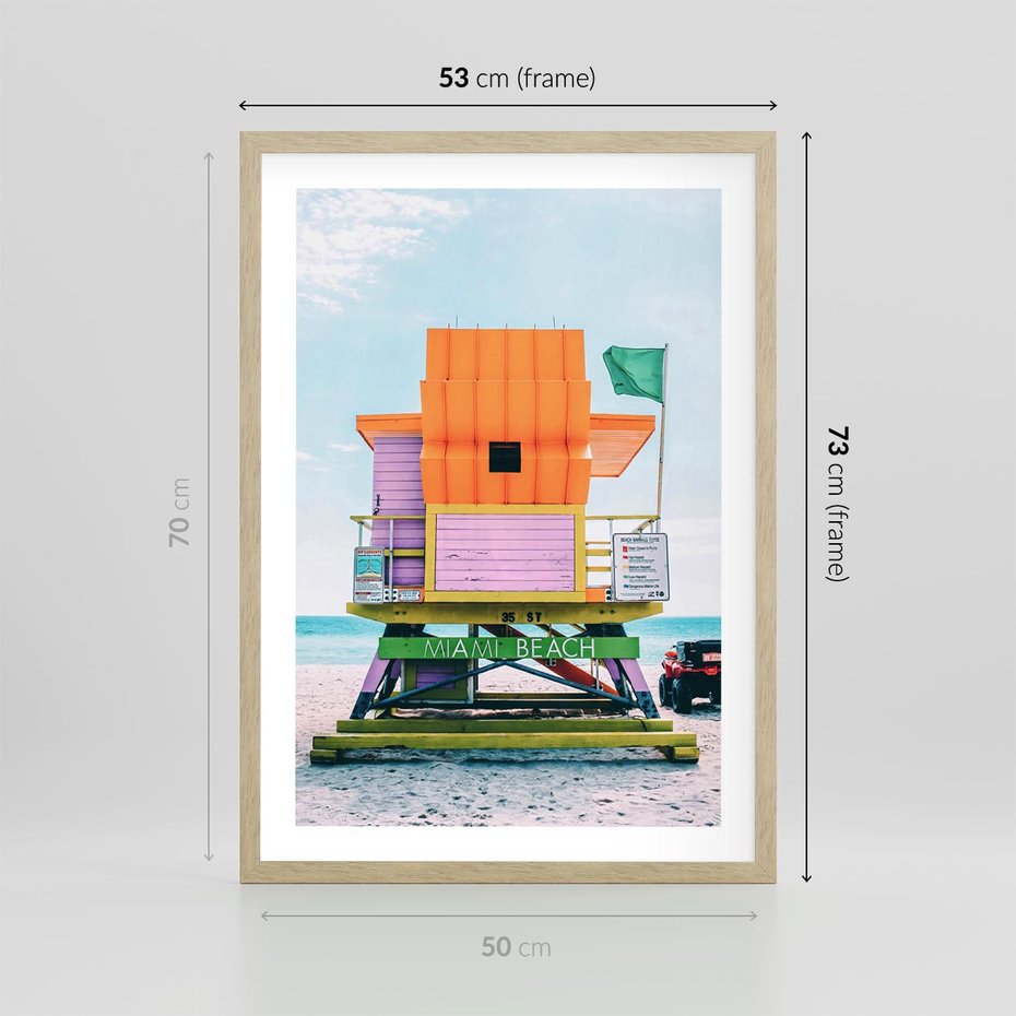Plakat w ramie 50x70 - Plaża Miami w Słoneczny Dzień - domek ratownika, kolorowy - rama drewno
