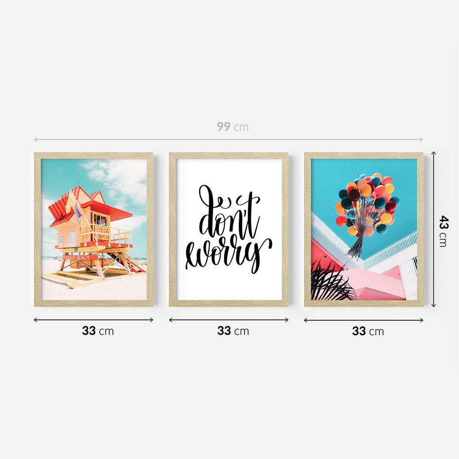 Zestaw obrazy w ramie 30x40 galeria - Wesoły, cytat, kolorowe, balony - rama drewno