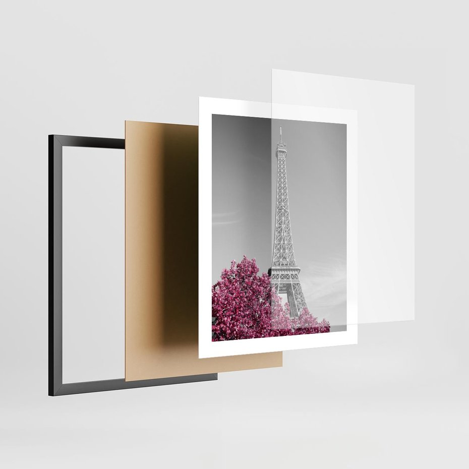 Plakat w ramie 40x50 - Różowy Paryż - czarno białe zdjęcie, wieża eiffla - rama czarna