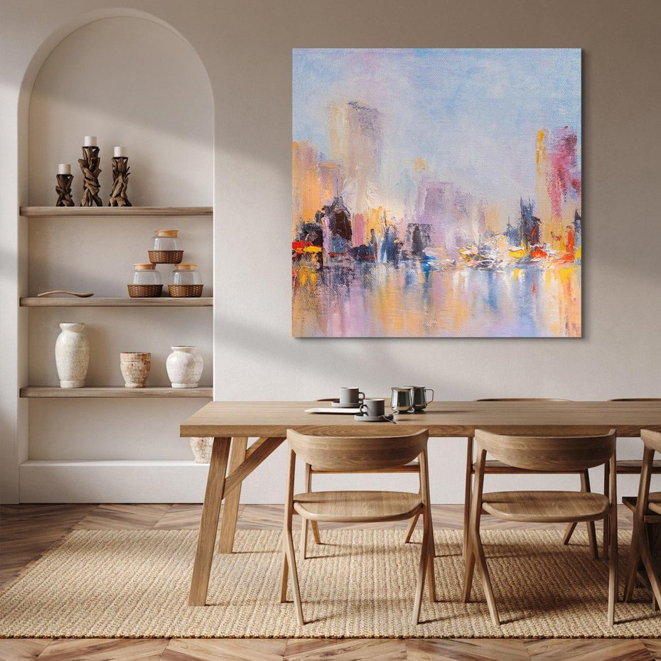 Obraz na płótnie 40x40 - Miasto Refleksji - olejna panorama miasta w oddali, wiezowce odbijają się w rzece